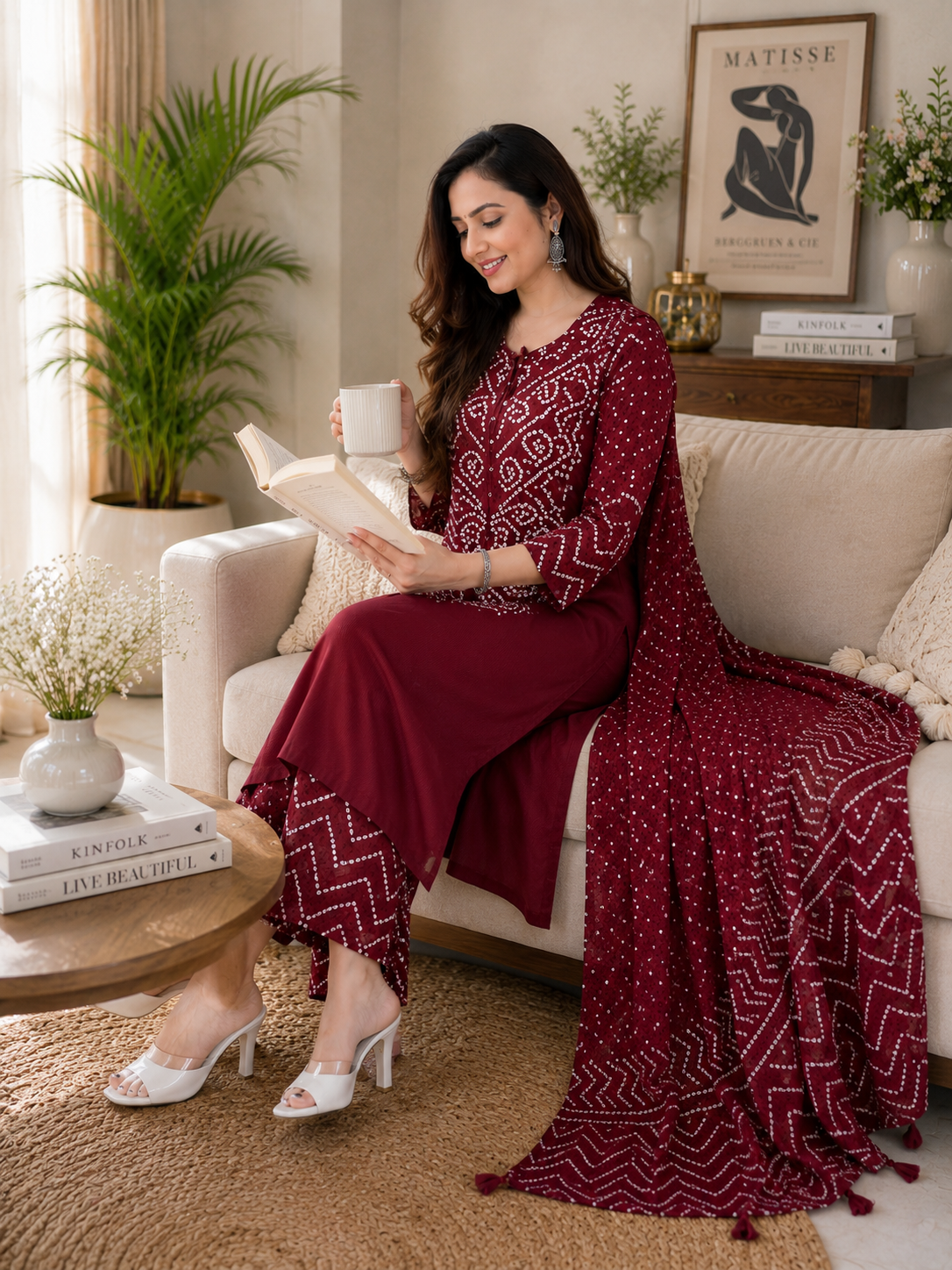 Women's Cotton Bandhani Printed 3 Piece Kurta Set with Dupatta – Maroon | SanganerKurtiWala