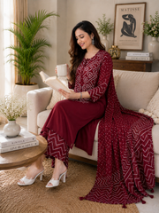 Women's Cotton Bandhani Printed 3 Piece Kurta Set with Dupatta – Maroon | SanganerKurtiWala
