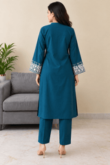 Women Teal Blue Solid Kurta Pant Set with Printed Sleeves | Stylish Ethnic Wear