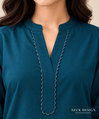 Women Teal Blue Solid Kurta Pant Set with Printed Sleeves | Stylish Ethnic Wear