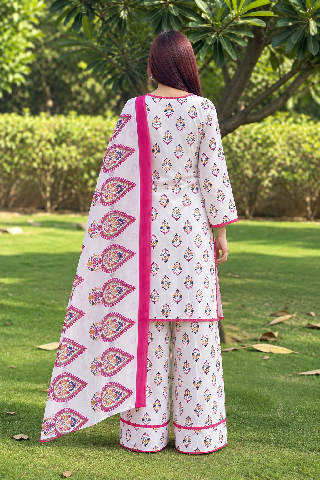 Women White Printed Kurta Palazzo Set with Pink Dupatta | 3 Piece Ethnic Wear  |  Ishu Creation