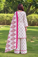 Women White Printed Kurta Palazzo Set with Pink Dupatta | 3 Piece Ethnic Wear  |  Ishu Creation