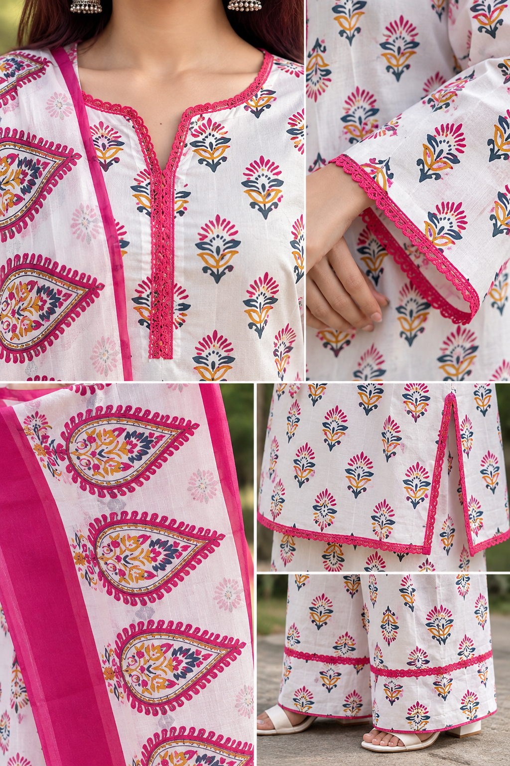 Women White Printed Kurta Palazzo Set with Pink Dupatta | 3 Piece Ethnic Wear  |  Ishu Creation