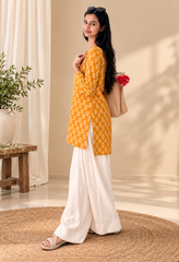 Mustard yellow printed kurti with white palazzo set for women