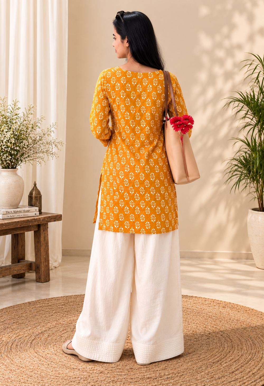 Mustard yellow printed kurti with white palazzo set for women