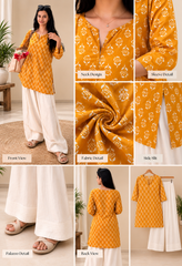 Mustard yellow printed kurti with white palazzo set for women