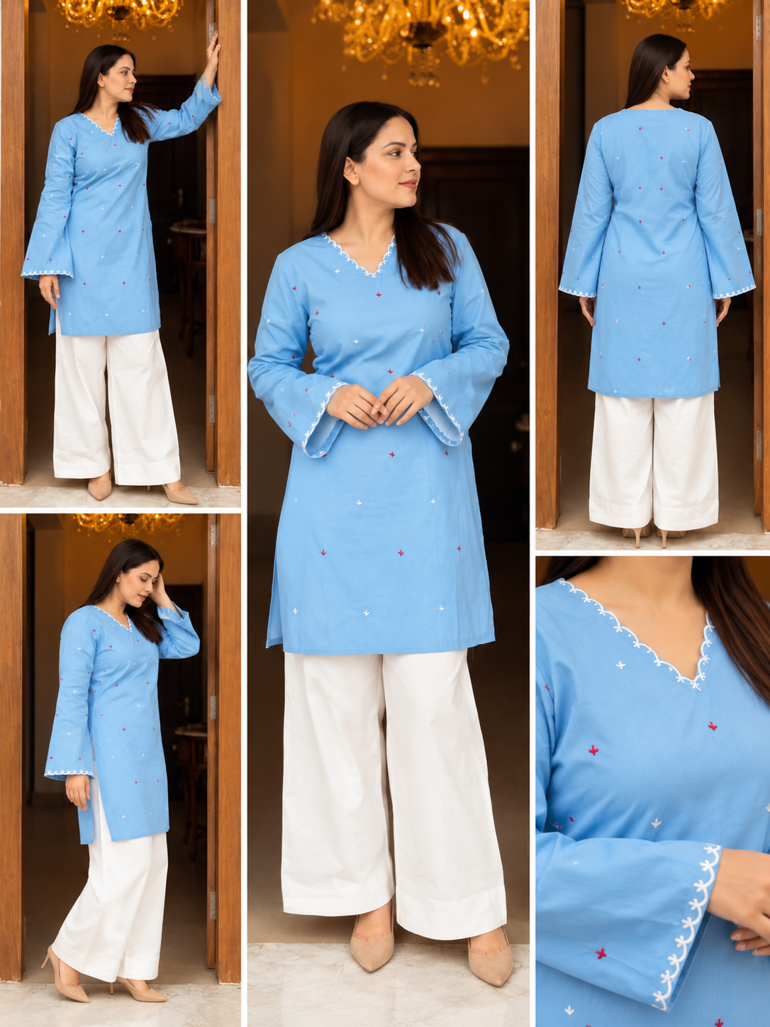 Women’s Light Blue Embroidered Straight Kurti with V-Neck & Full Sleeves  |  Ishu Creation