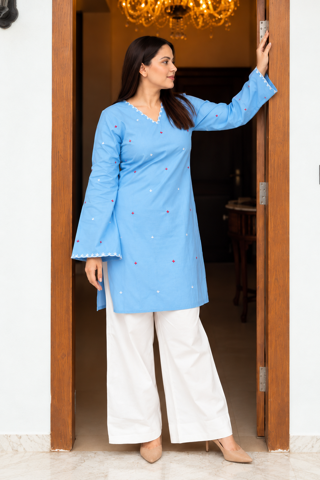 Women’s Light Blue Embroidered Straight Kurti with V-Neck & Full Sleeves  |  Ishu Creation