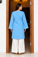 Women’s Light Blue Embroidered Straight Kurti with V-Neck & Full Sleeves  |  Ishu Creation