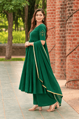Women’s Green Anarkali Kurta Set with Dupatta | Gold Border & Embroidery | 3 Piece Ethnic Wear  |  Ishu Creation
