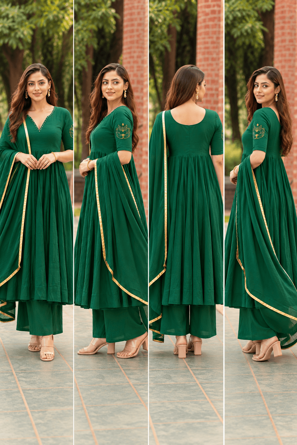 Women’s Green Anarkali Kurta Set with Dupatta | Gold Border & Embroidery | 3 Piece Ethnic Wear  |  Ishu Creation