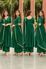 Women’s Green Anarkali Kurta Set with Dupatta | Gold Border & Embroidery | 3 Piece Ethnic Wear  |  Ishu Creation