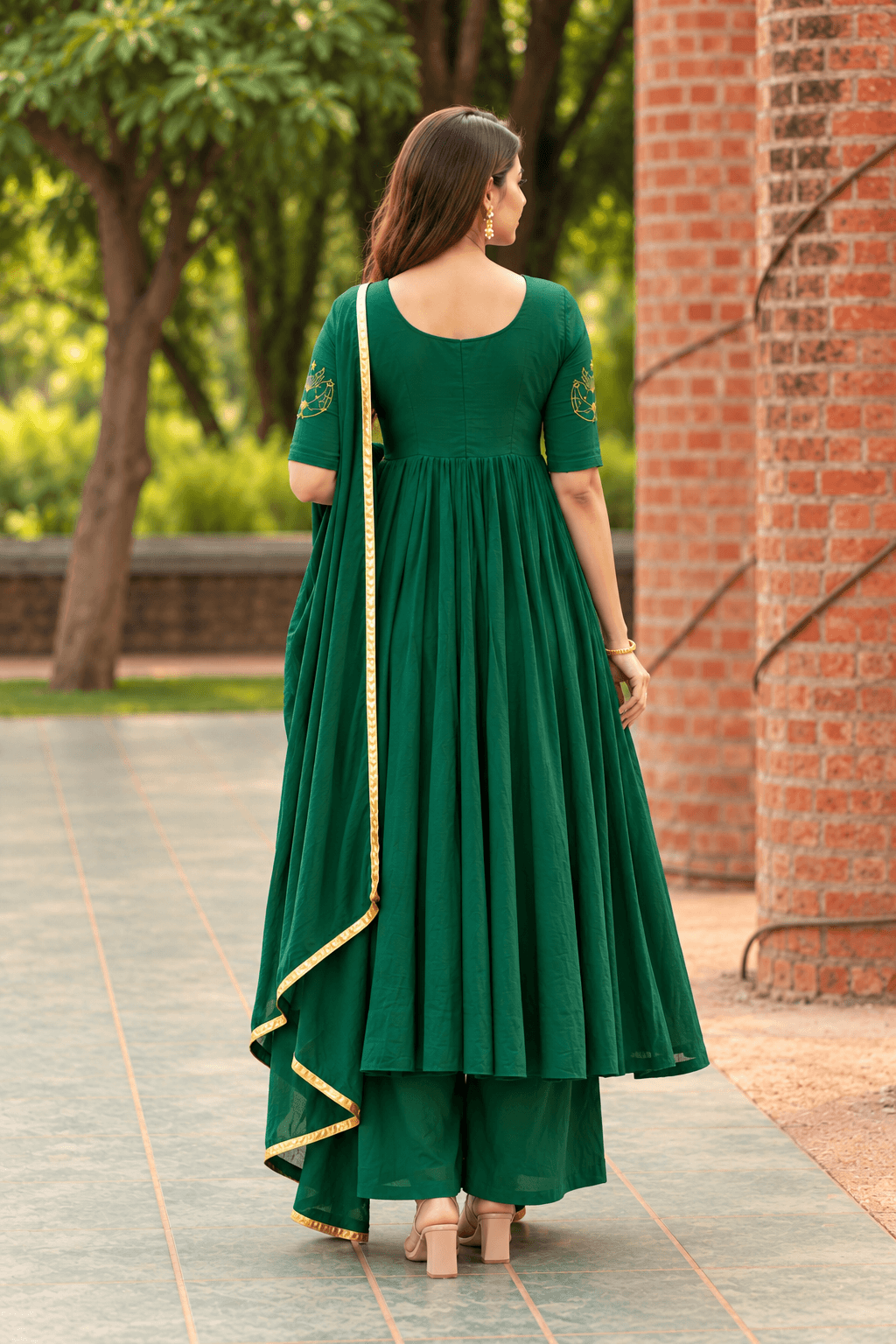 Women’s Green Anarkali Kurta Set with Dupatta | Gold Border & Embroidery | 3 Piece Ethnic Wear  |  Ishu Creation