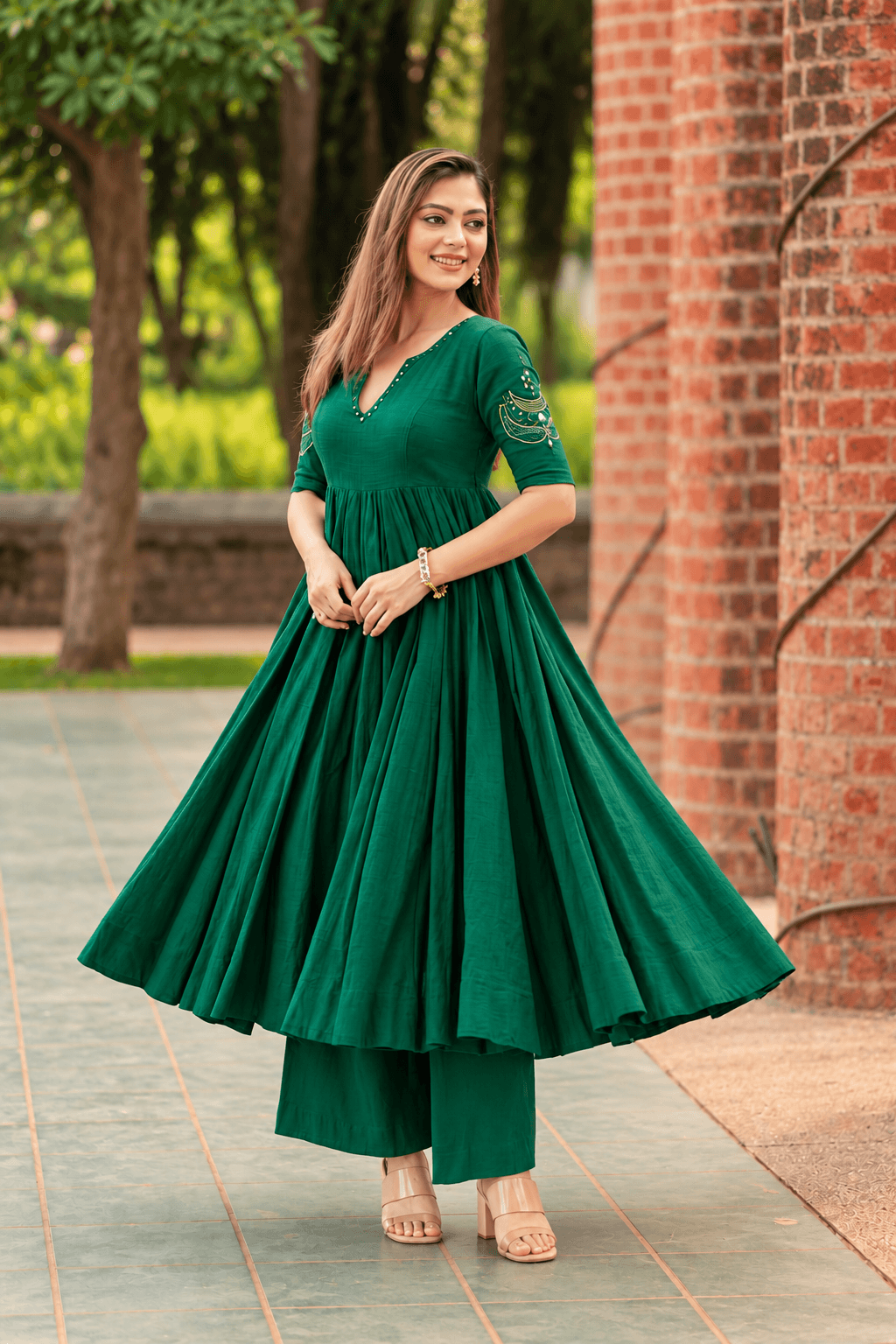 Women’s Green Anarkali Kurta Set with Dupatta | Gold Border & Embroidery | 3 Piece Ethnic Wear  |  Ishu Creation