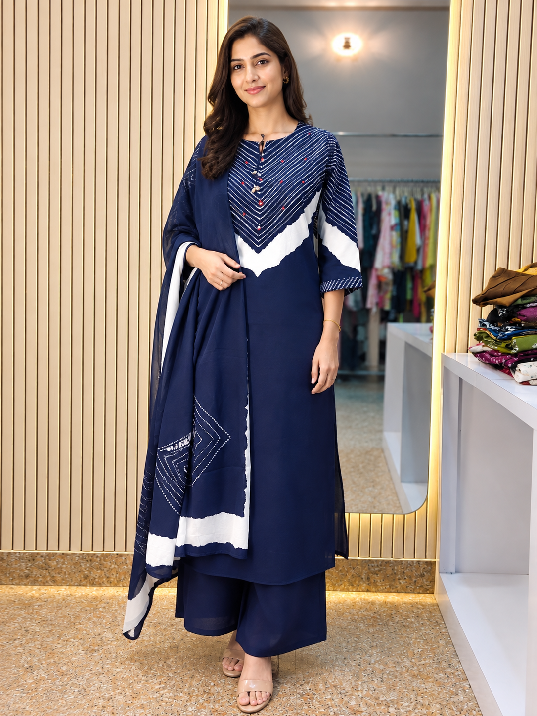 Women's Navy Blue 3 Piece Kurti Pant Dupatta Set with Contrast Yoke Design | Ishu Creation
