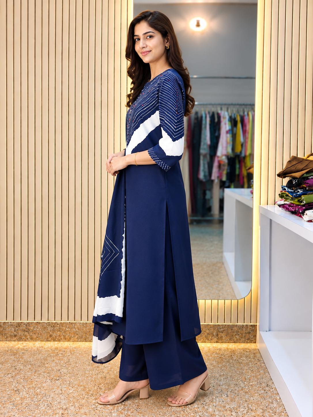 Women's Navy Blue 3 Piece Kurti Pant Dupatta Set with Contrast Yoke Design | Ishu Creation
