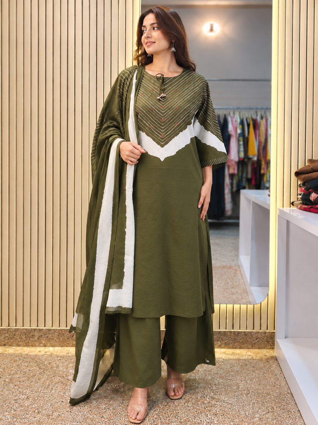 Women's Olive Green 3 Piece Kurti Pant Dupatta Set with Contrast Yoke Design | Ishu Creation