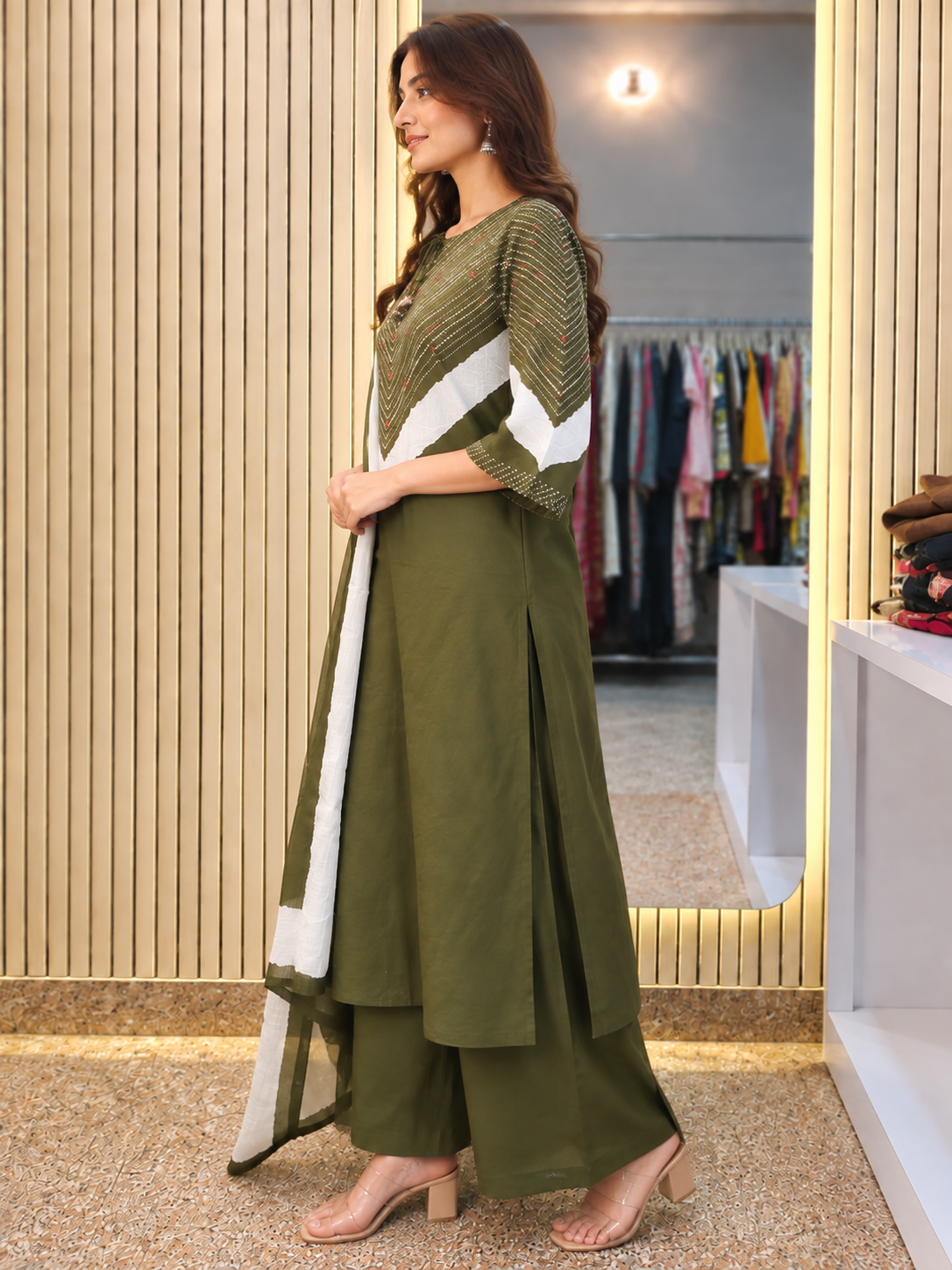 Women's Olive Green 3 Piece Kurti Pant Dupatta Set with Contrast Yoke Design | Ishu Creation
