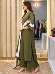 Women's Olive Green 3 Piece Kurti Pant Dupatta Set with Contrast Yoke Design | Ishu Creation