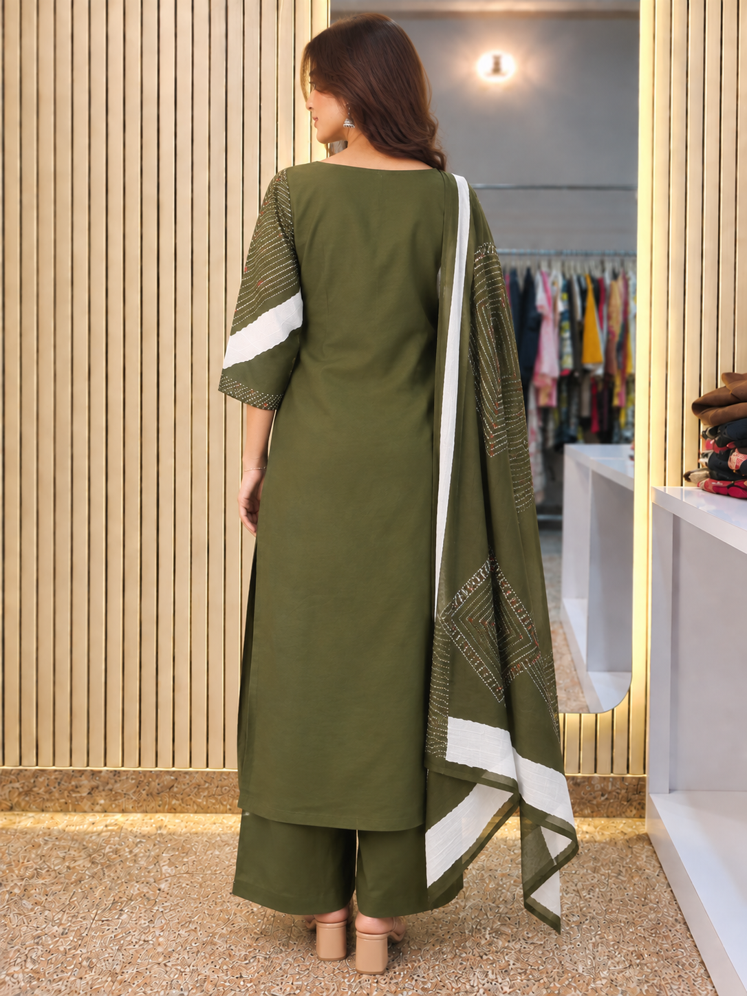 Women's Olive Green 3 Piece Kurti Pant Dupatta Set with Contrast Yoke Design | Ishu Creation