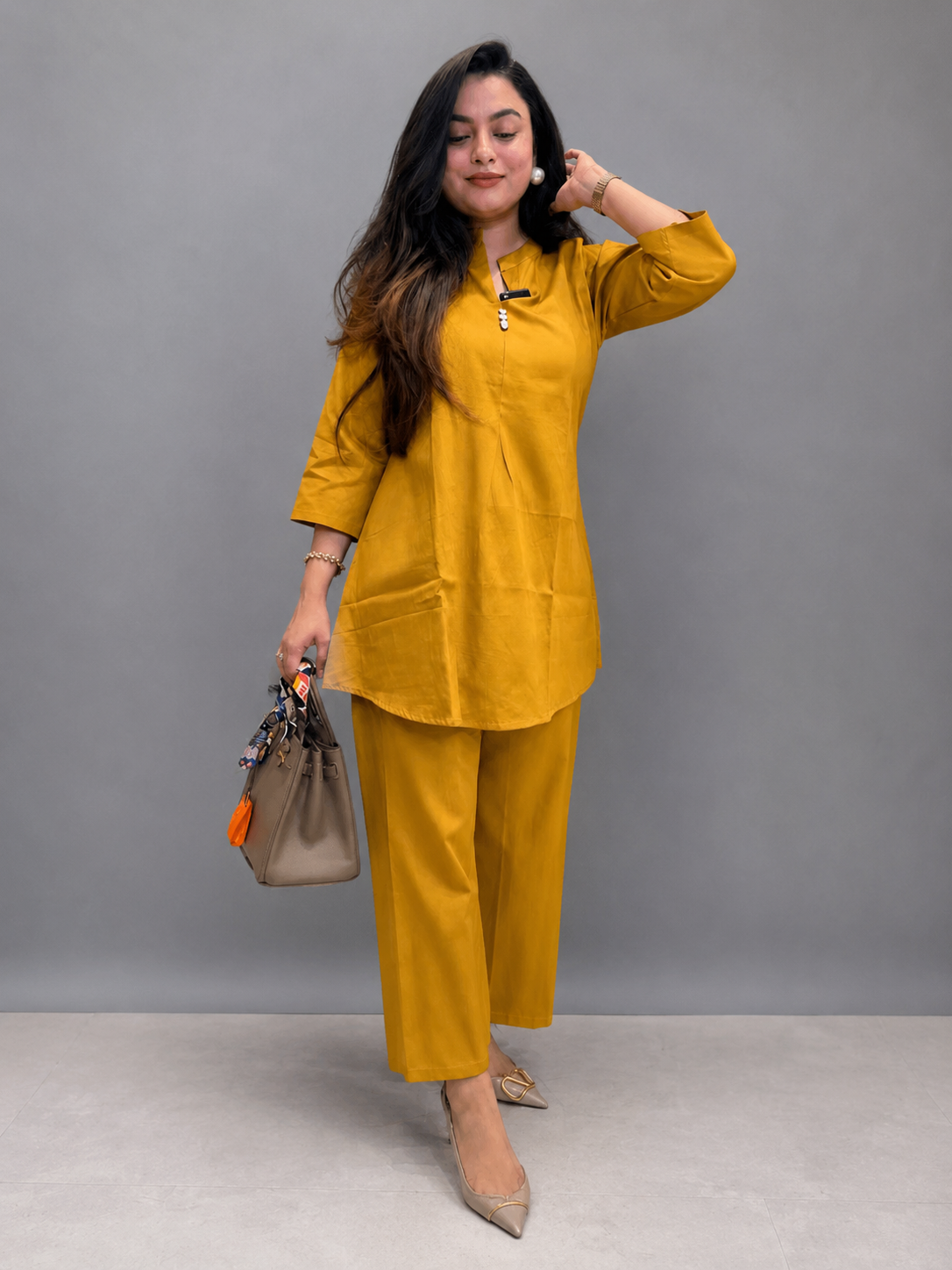 Mustard Yellow Co-Ord Set for Women – Stylish Kurta & Wide Leg Pants
