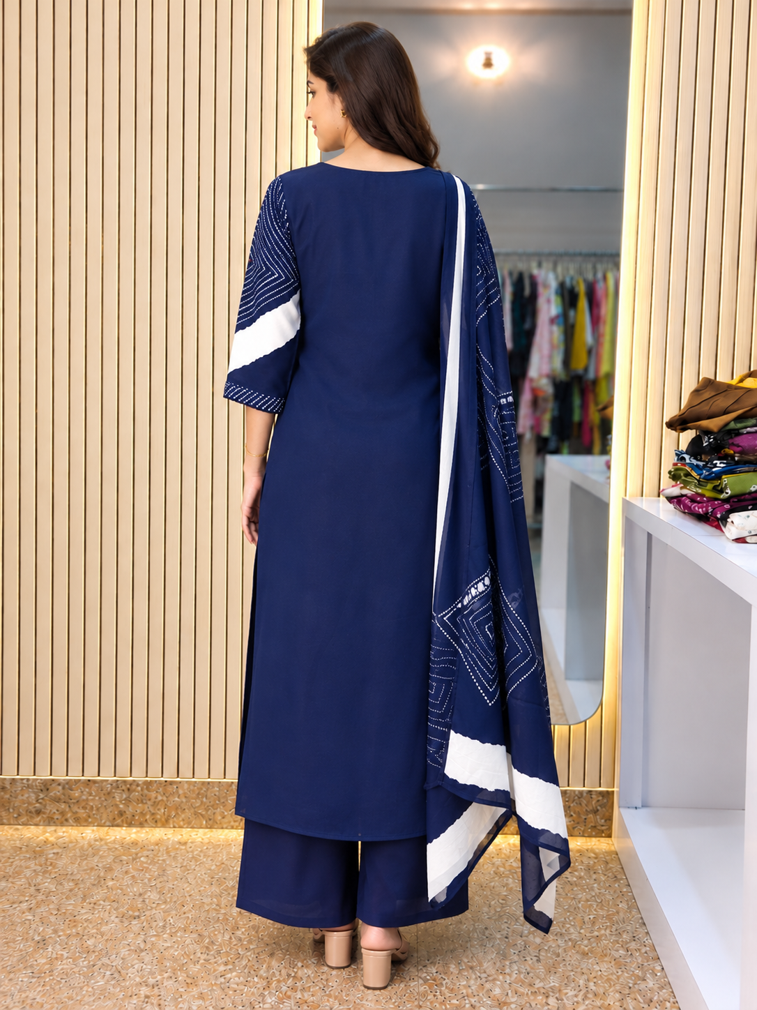 Women's Navy Blue 3 Piece Kurti Pant Dupatta Set with Contrast Yoke Design | Ishu Creation