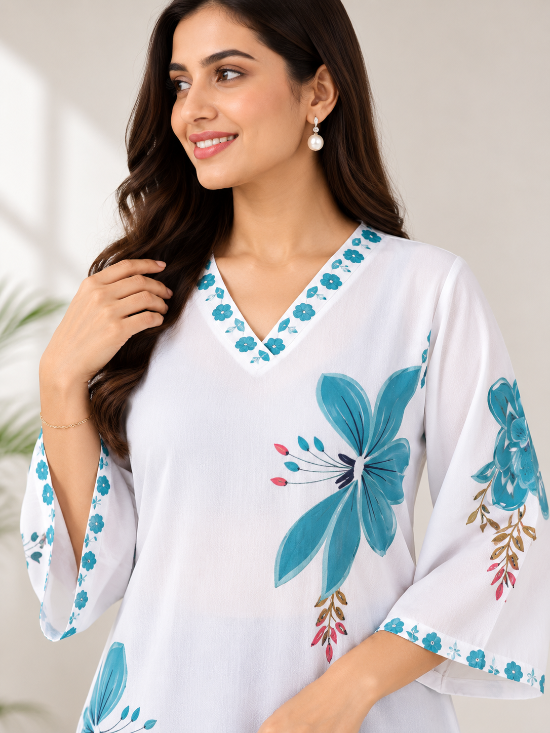 Women's Cotton Mul Floral Printed Co-Ord Set – White & Teal Blue | IshuCreation  |  Cotton Kurti