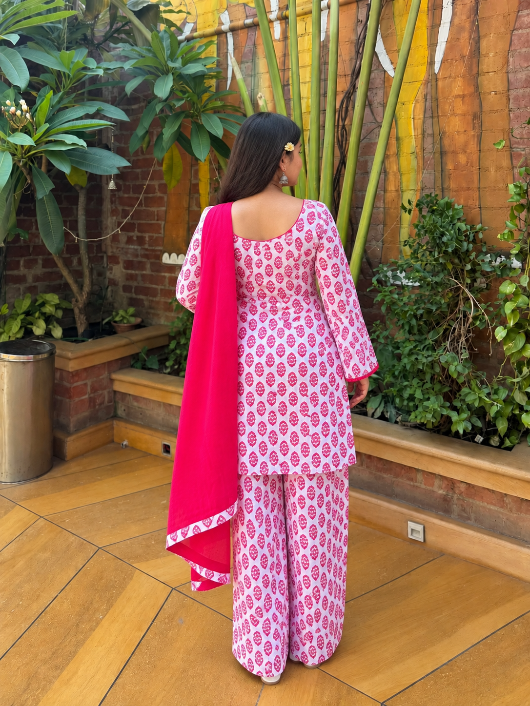 Women’s Pink & White Printed Farshi Kurta Set with Dupatta