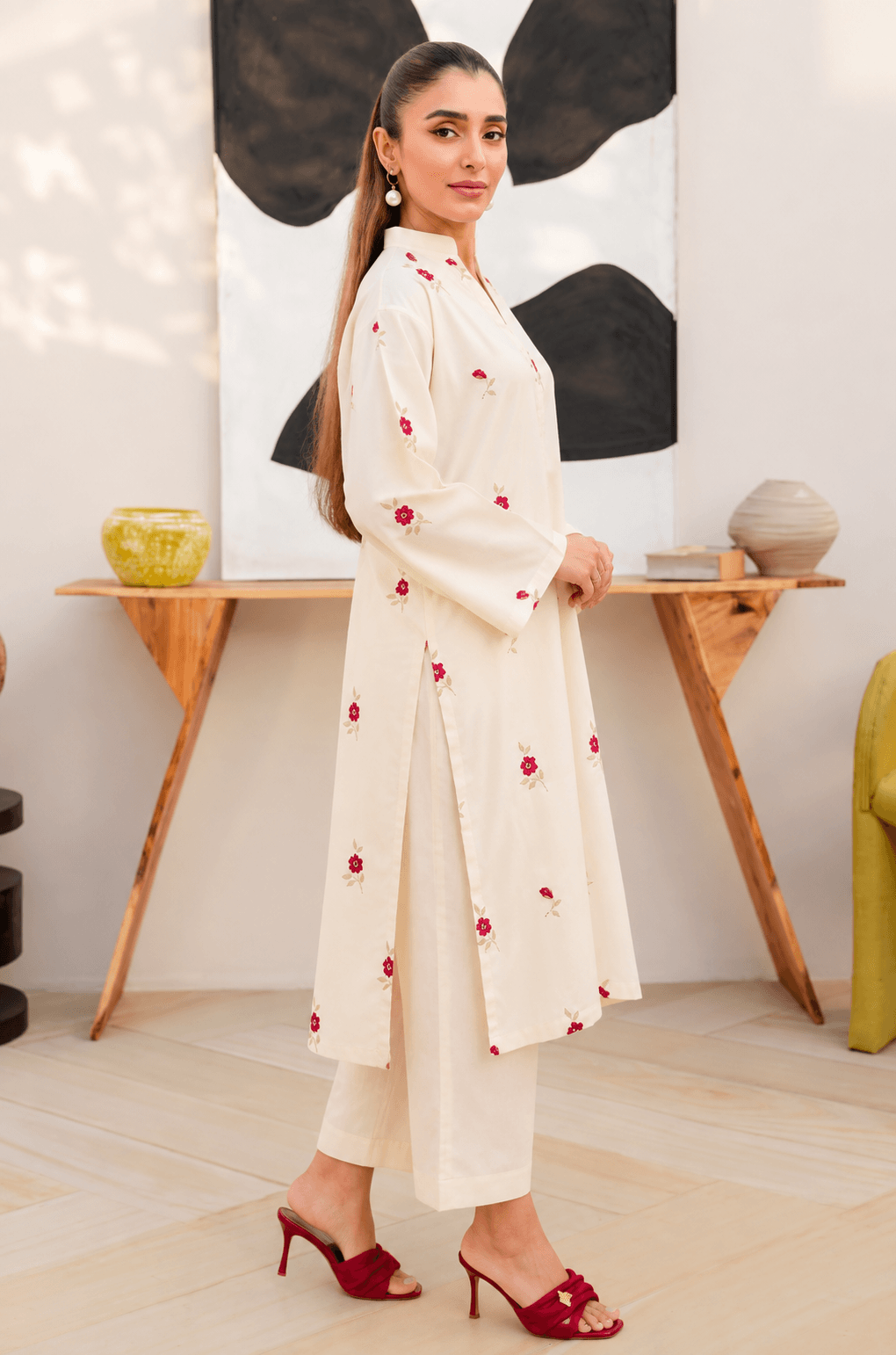 Women’s Cream Floral Embroidered Cotton Kurti | Elegant Ethnic Wear  |  Ishu Creation