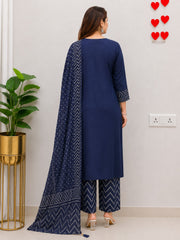 Women's Bandhej Cotton 3 Piece Kurta Set with Dupatta | Maroon & Blue | Sanganer Kurti Wala