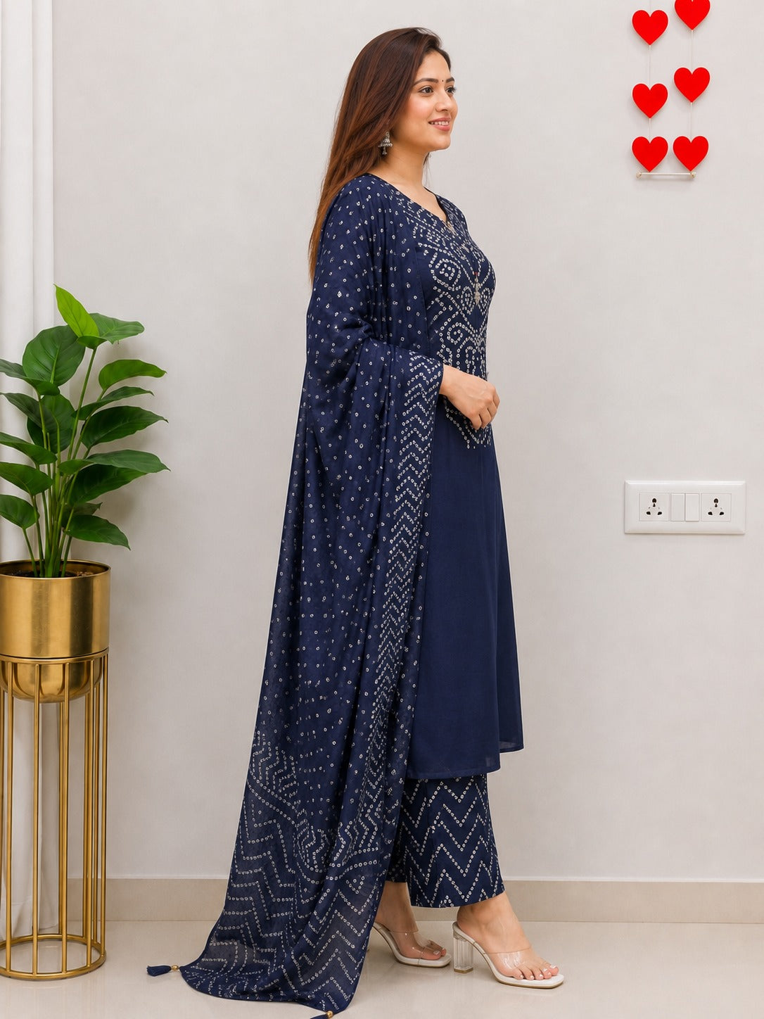Women's Bandhej Cotton 3 Piece Kurta Set with Dupatta | Maroon & Blue | Sanganer Kurti Wala