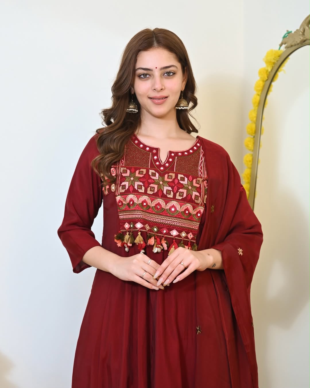 Women's Maroon Cotton 3 Piece Anarkali Kurta Set with Dupatta | Embroidered | Sanganer Kurti Wala