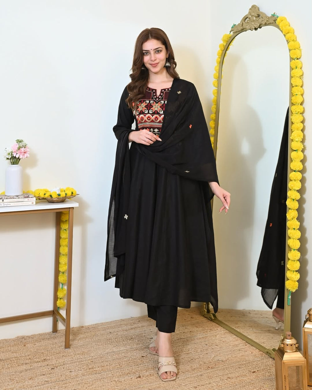 Women's Black Cotton 3 Piece Anarkali Kurta Set with Dupatta | Embroidered | Sanganer Kurti Wala