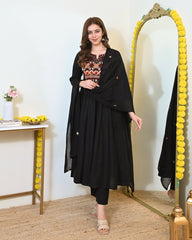 Women's Black Cotton 3 Piece Anarkali Kurta Set with Dupatta | Embroidered | Sanganer Kurti Wala
