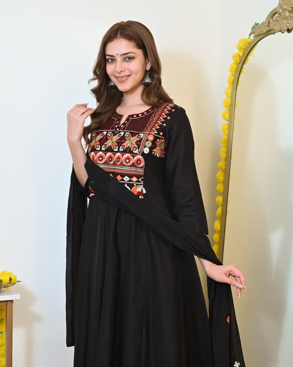 Women's Black Cotton 3 Piece Anarkali Kurta Set with Dupatta | Embroidered | Sanganer Kurti Wala