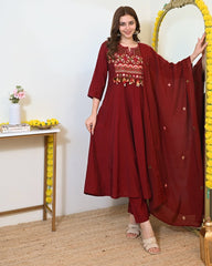 Women's Maroon Cotton 3 Piece Anarkali Kurta Set with Dupatta | Embroidered | Sanganer Kurti Wala