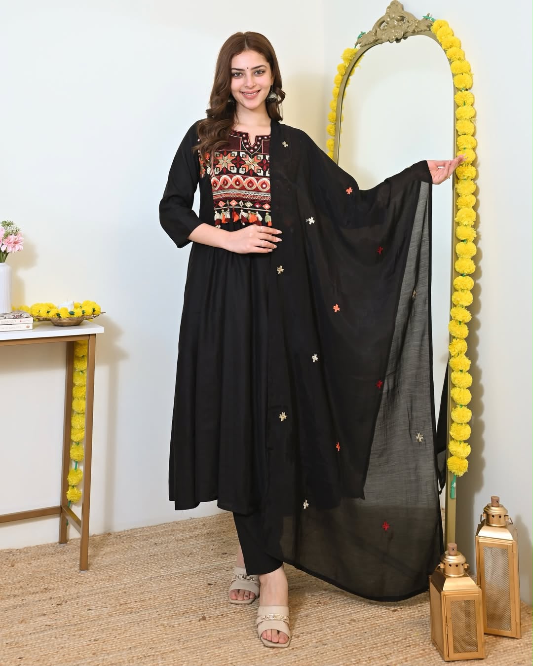 Women's Black Cotton 3 Piece Anarkali Kurta Set with Dupatta | Embroidered | Sanganer Kurti Wala