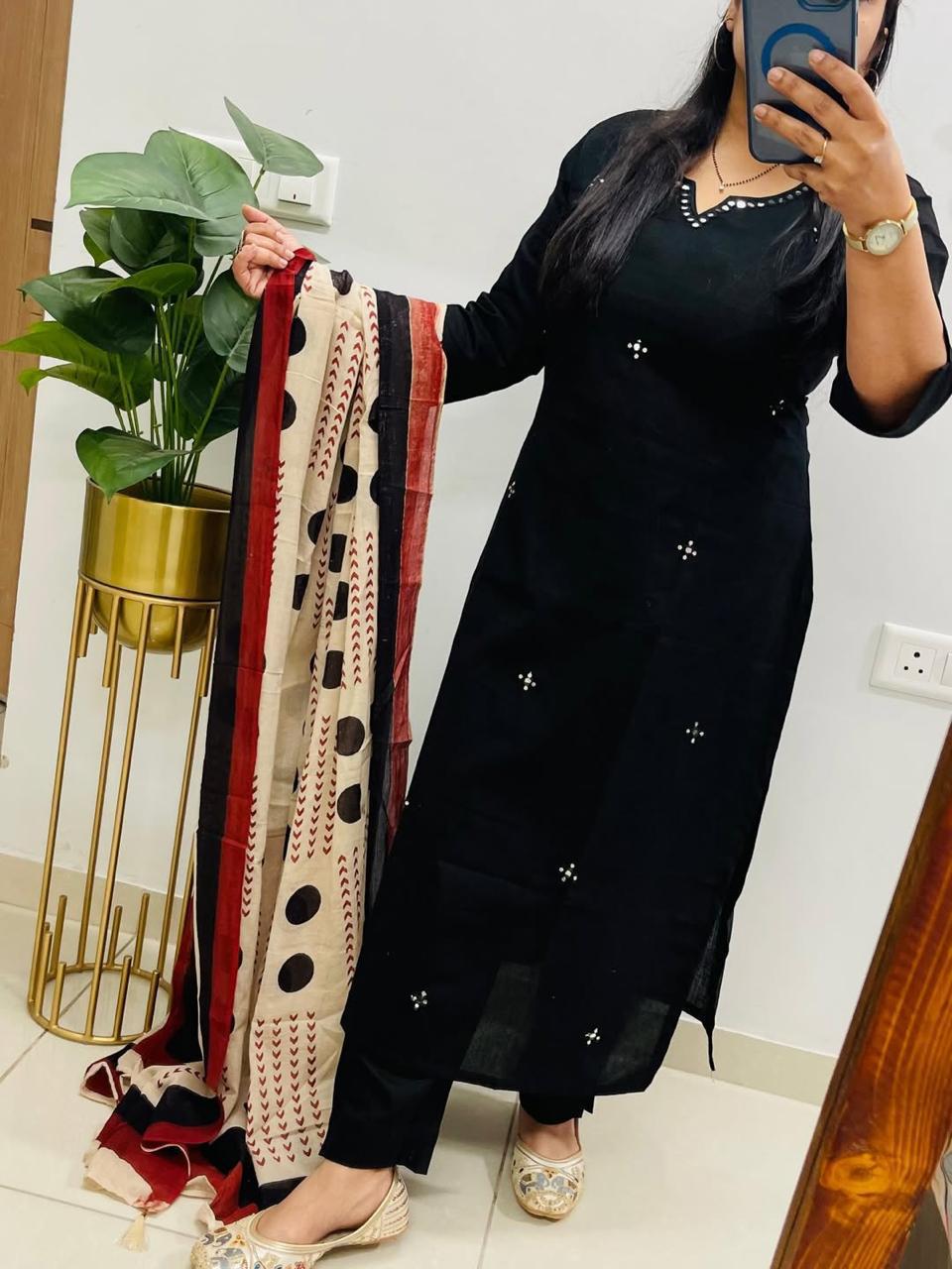 Women’s Black Cotton 3 Piece Kurta Set with Dupatta | Embroidered | Ishu Creation