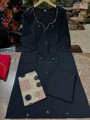 Women’s Black Cotton 3 Piece Kurta Set with Dupatta | Embroidered | Ishu Creation