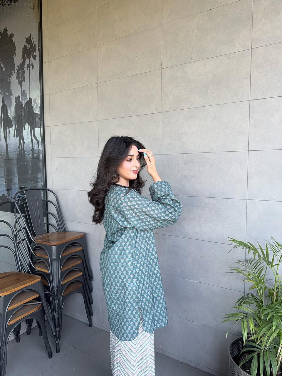 Sage Green Printed Kurta Palazzo Set | Ishu Creation