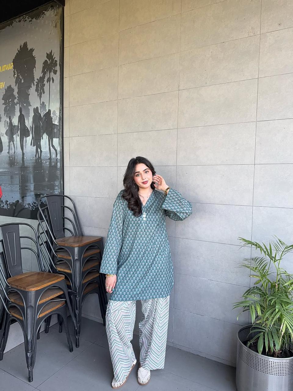 Sage Green Printed Kurta Palazzo Set | Ishu Creation
