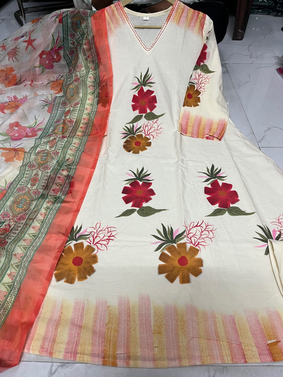 Floral Elegance Premium Cotton 3-Piece Suit Set | Ishu Creation