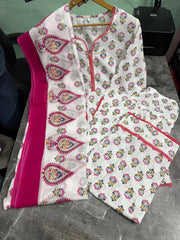 Women White Printed Kurta Palazzo Set with Pink Dupatta | 3 Piece Ethnic Wear  |  Ishu Creation