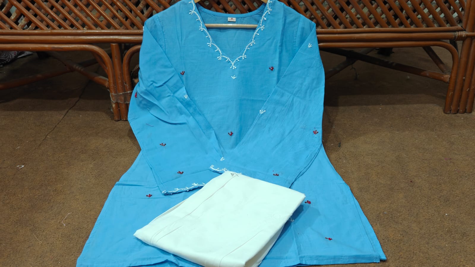 Women’s Light Blue Embroidered Straight Kurti with V-Neck & Full Sleeves  |  Ishu Creation