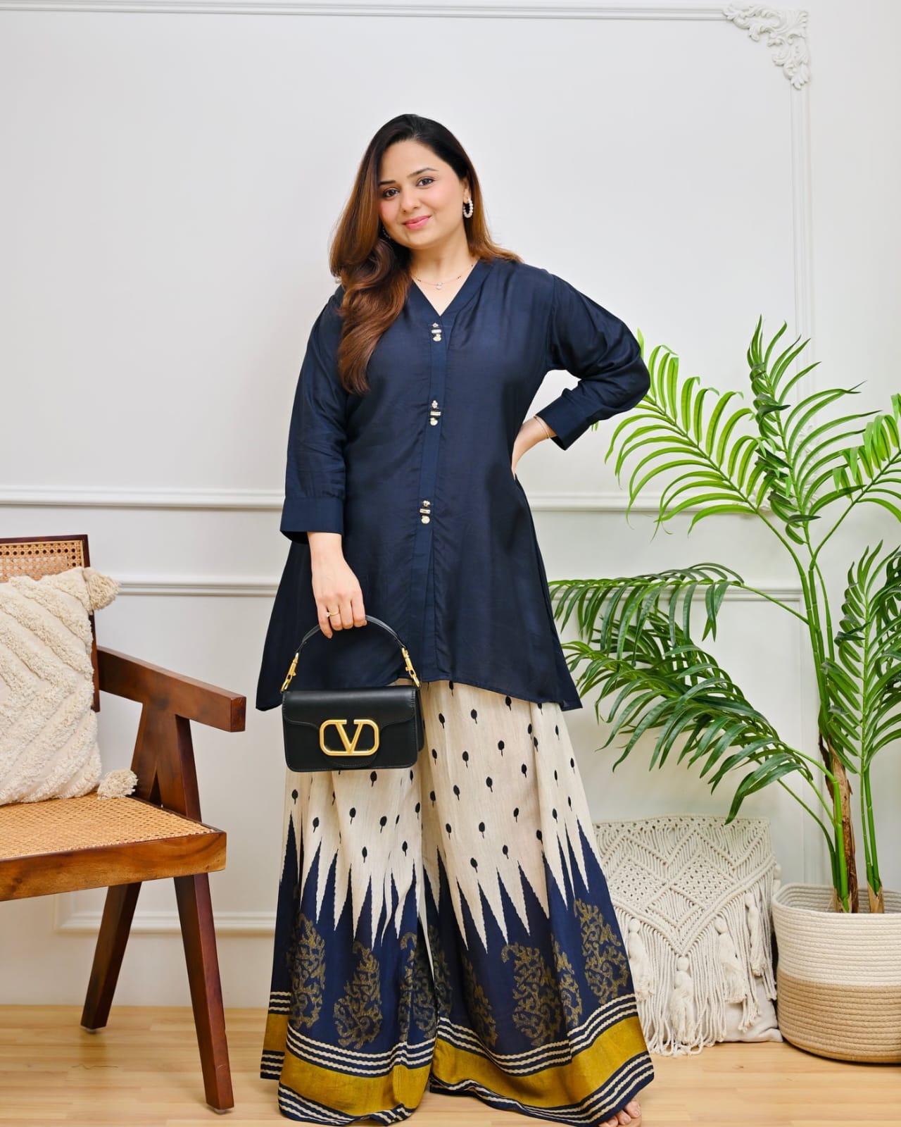 Women’s Navy Blue Printed Kurta with Flared Printed Bottom  |  Ishu Creation