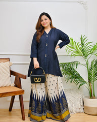 Women’s Navy Blue Printed Kurta with Flared Printed Bottom  |  Ishu Creation