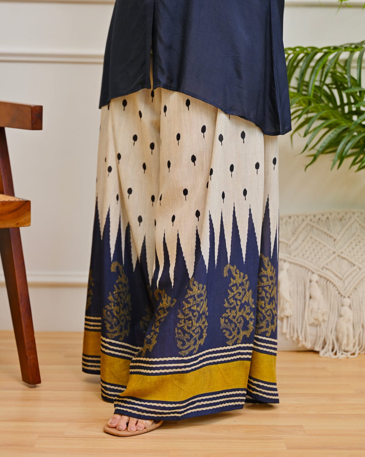 Women’s Navy Blue Printed Kurta with Flared Printed Bottom  |  Ishu Creation