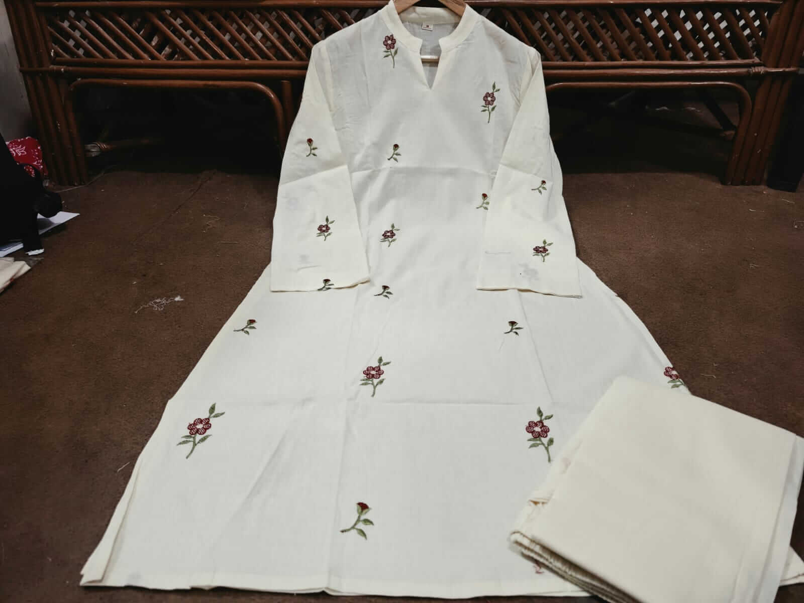 Women’s Cream Floral Embroidered Cotton Kurti | Elegant Ethnic Wear  |  Ishu Creation