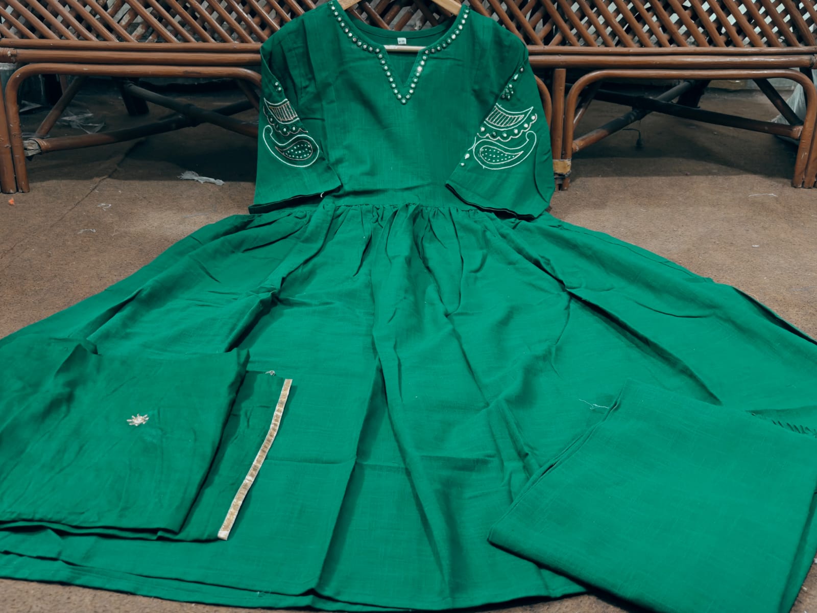 Women’s Green Anarkali Kurta Set with Dupatta | Gold Border & Embroidery | 3 Piece Ethnic Wear  |  Ishu Creation