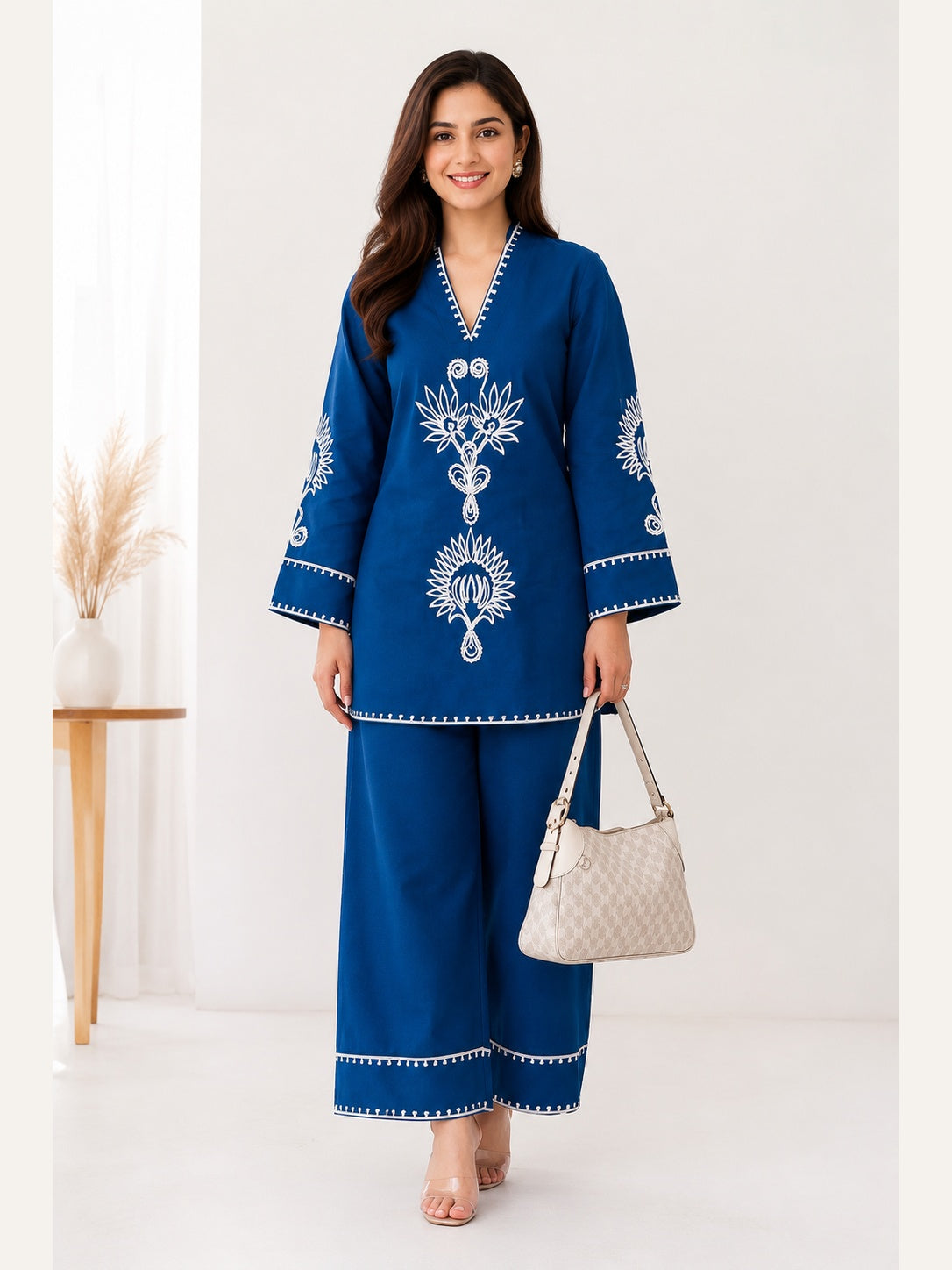 Women's Blue Cotton 2 Piece Co-Ord Set | Embroidered Kurta & Palazzo | Ishu Creation
